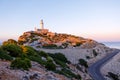 Beautiful white Lighthouse at Cape Formentor in the Coast of North Mallorca, Spain Balearic Islands Artistic sunrise and Royalty Free Stock Photo