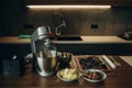 A beautiful white mixer with a metal cup stands in the modern kitchen.