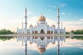 Beautiful white mosque with domes and minarets reflection on water surface