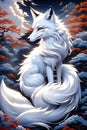 A Beautiful White Nine-tailed Fox Demon, Legwns Fairy, In Special Effect At Background Landscape, Flower, Tree, Clouds, Painting