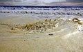 Beautiful white ocean beach landscape, breaking waves, brown foamy bubbling surf water, clouds horizon Royalty Free Stock Photo