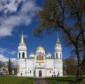 Beautiful white old church with golden domes in Ukraine Royalty Free Stock Photo