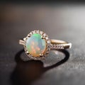 Beautiful white opal ring isolated on a dark background. Royalty Free Stock Photo