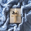 The white package for presents on the pale blue wool knitted background. Royalty Free Stock Photo