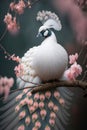 Beautiful white peacock glittering feathers, peach blossoms, flowing water. Generative AI
