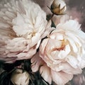 Beautiful white peony flowers as a background, extrime closeup of oil painting, generative ai Royalty Free Stock Photo