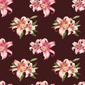 Beautiful white and pink lily seamless pattern. Bouquet of flowers. Floral print. Marker drawing.