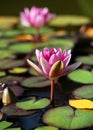 Beautiful white, pink waterlily or lotus flower with green leaves growing out of the muddy water in a lily pond. Royalty Free Stock Photo