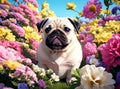 Beautiful white pug puppy in the middle of lots of colorful flowers