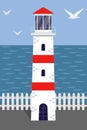 Beautiful white and red lighthouse on the sea shore, seagulls, earth, white fence. Vector illustration in flat style. Royalty Free Stock Photo