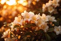 Beautiful white rhododendron flowers in the garden at sunset, Jasmine bush in warm sunset light, AI Generated