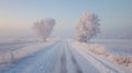 Beautifully White Rime Along Country Road with Ethereal Dreamlike Daytime Scene