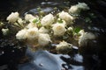 Beautiful white roses reflected in the water.