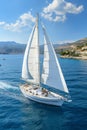 Beautiful white sailing yacht in the sea with mountains and town on a sunny summer day Royalty Free Stock Photo