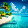 Beautiful white sand beach, turquoise ocean surrounded by palm trees and blue sky with clouds on a sunny day. Royalty Free Stock Photo