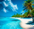 Beautiful white sand beach, turquoise ocean surrounded by palm trees and blue sky with clouds on a sunny day. Royalty Free Stock Photo