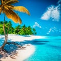 Beautiful white sand beach, turquoise ocean surrounded by palm trees and blue sky with clouds on a sunny day. Royalty Free Stock Photo