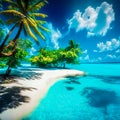 Beautiful white sand beach, turquoise ocean surrounded by palm trees and blue sky with clouds on a sunny day. Royalty Free Stock Photo