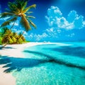 Beautiful white sand beach, turquoise ocean surrounded by palm trees and blue sky with clouds on a sunny day. Royalty Free Stock Photo