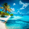 Beautiful white sand beach, turquoise ocean surrounded by palm trees and blue sky with clouds on a sunny day. Royalty Free Stock Photo