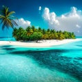 Beautiful white sand beach, turquoise ocean surrounded by palm trees and blue sky with clouds on a sunny day. Royalty Free Stock Photo