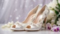 Beautiful white shoes the bride, flowers background elegance style event engagement