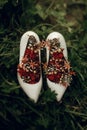 Beautiful white shoes with red bouquets on green grass close up Royalty Free Stock Photo