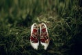 Beautiful white shoes with red bouquets on green grass close up Royalty Free Stock Photo