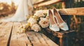 beautiful white shoes on wooden arrow with wedding text sign. Generative Ai Royalty Free Stock Photo