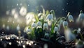 Beautiful White Snowdrops Emerging from Snow at the edge of a forest on a bright Spring Generative AI