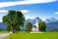 Beautiful white St. Coloman pilgrimage church, located near famous Neuschwanstein castle, Germany. Royalty Free Stock Photo