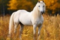 Beautiful white stallion with long mane running in the field Royalty Free Stock Photo