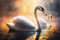 Beautiful white swan birds swimming on the river background illustration Generative AI