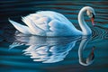 Beautiful White swan in bluish clear water lake in golden hour having mirror reflection and ripples. Generative AI Royalty Free Stock Photo