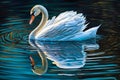 Beautiful White swan in bluish clear water lake in golden hour having mirror reflection and ripples. Generative AI Royalty Free Stock Photo