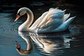 Beautiful White swan in bluish clear water lake in golden hour having mirror reflection and ripples. Generative AI Royalty Free Stock Photo