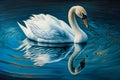 Beautiful White swan in bluish clear water lake in golden hour having mirror reflection and ripples. Generative AI Royalty Free Stock Photo