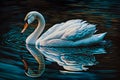 Beautiful White swan in bluish clear water lake in golden hour having mirror reflection and ripples. Generative AI Royalty Free Stock Photo