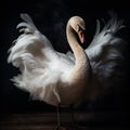 Beautiful white swan with open wings, close-up on black