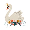 Beautiful White Swan Princess with Golden Crown and Flowers, Lovely Fairytale Bird Vector Illustration Royalty Free Stock Photo