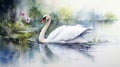 Beautiful white swan swimming on the lake. Digital painting. Generative AI Royalty Free Stock Photo