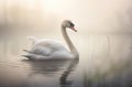 beautiful white swan swimming at lake or pond water in morning mist, serene bird at river in fog at sunset or sunrise Royalty Free Stock Photo