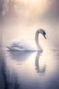 beautiful white swan swimming at lake or pond water in morning mist, serene bird at river in fog at sunset or sunrise Royalty Free Stock Photo