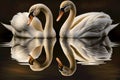 Beautiful white swans in clear water lake at night, in love side by side profile view mirror reflection. Generative AI