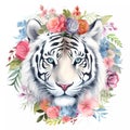 Beautiful white tiger portrait with boho flowers wreath. Jungle animal watercolor illustration on white background Royalty Free Stock Photo