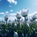 Beautiful white tulips on the background of blue sky with clouds