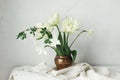 Beautiful white tulips and daffodils in vintage vase on wooden table against rustic wall. Happy Mothers day. Stylish simple spring Royalty Free Stock Photo