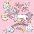 A beautiful white unicorn with a long mane on a rainbow. Vector