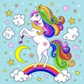Beautiful white unicorn on a rainbow. Children`s illustration. Vector