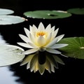 Beautiful white water lily on dark water surface with green leaves Royalty Free Stock Photo